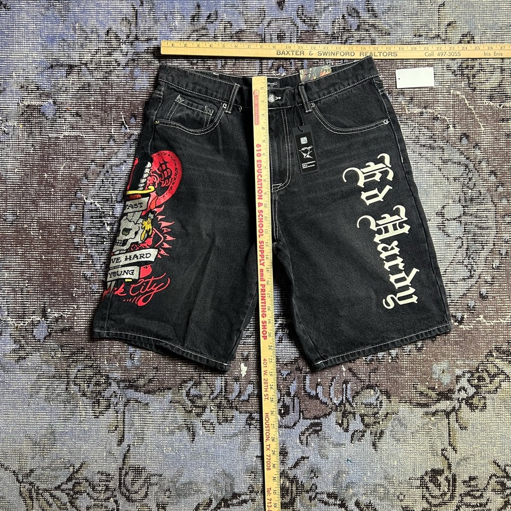 Ed Hardy 34” Black and Red Graphic Jean Shorts